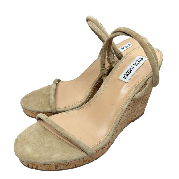 Steve Madden Sandals Womens Size 9.5 Tan Leather Suede Strappy Wedges - Picture 1 of 8